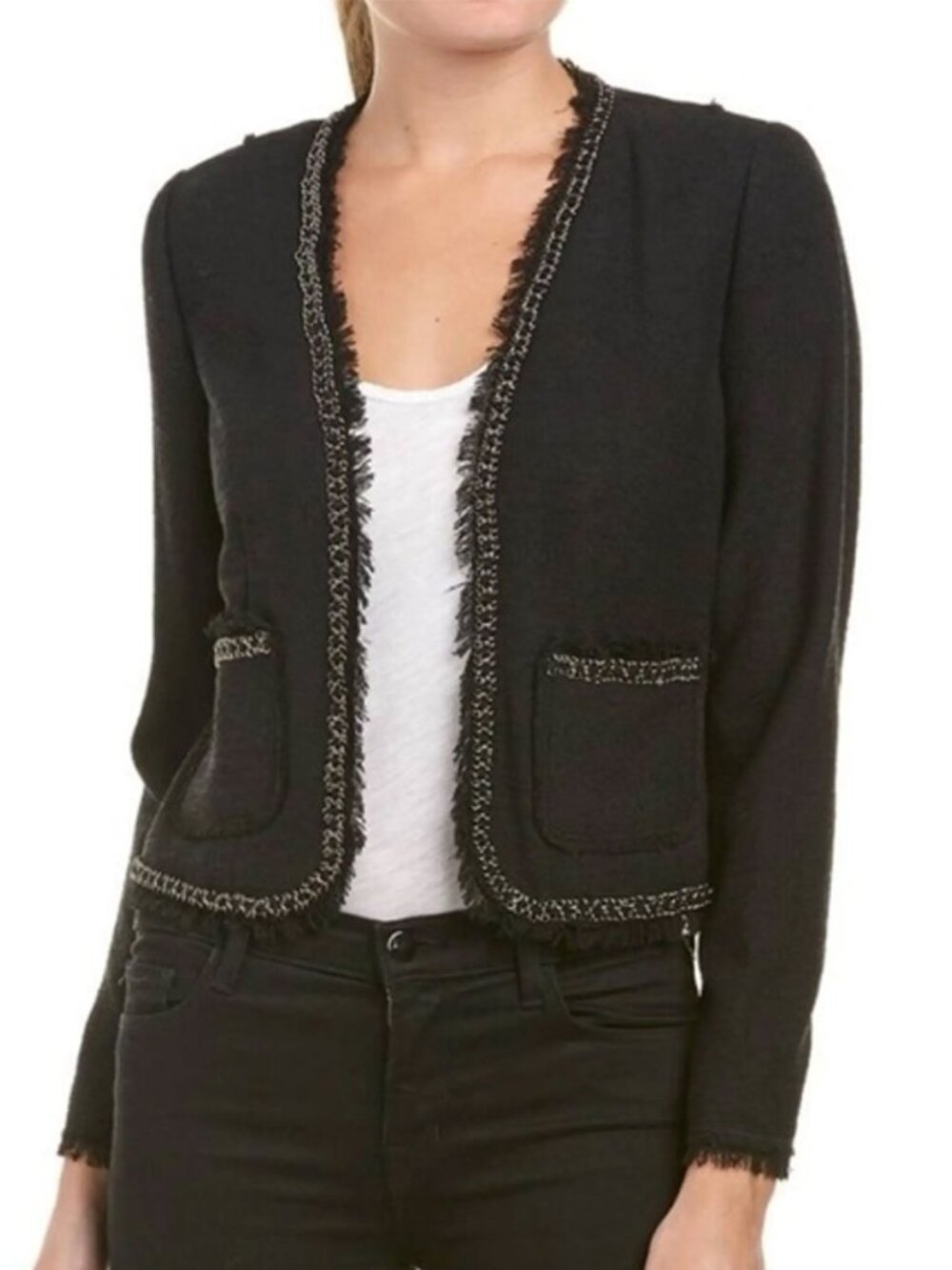 Rebecca Taylor Boucle Black Tweed Open Front Blazer Jacket 6